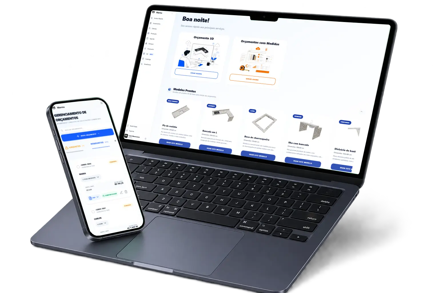 Software para marmoraria Marmu funcionando em sincronia no notebook e smartphone