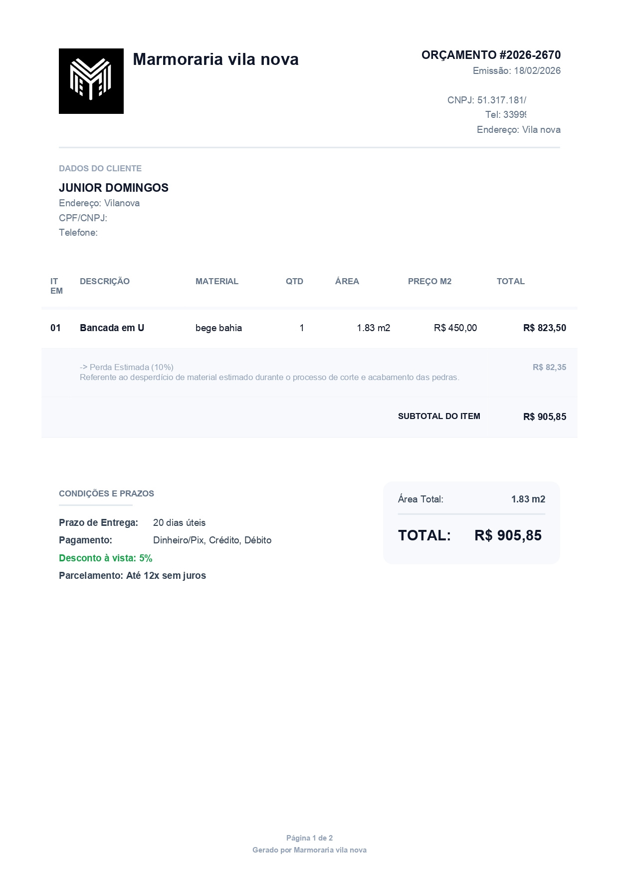 Exemplo de orçamento de marmoraria gerado pelo software Marmu